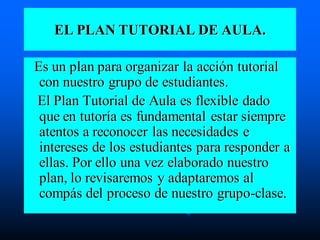 EL PLAN TUTORIAL DE AULA.
Es un plan para organizar la acción tutorial
con nuestro grupo de estudiantes.
El Plan Tutorial de Aula es flexible dado
que en tutoría es fundamental estar siempre
atentos a reconocer las necesidades e
intereses de los estudiantes para responder a
ellas. Por ello una vez elaborado nuestro
plan, lo revisaremos y adaptaremos al
compás del proceso de nuestro grupo-clase.
 
