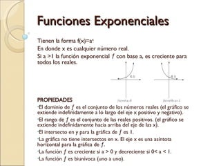 Funciones Exponenciales Tienen la forma f(x)=a x En donde x es cualquier número real.  Si a >1 la función exponencial ƒ con base a, es creciente para todos los reales. PROPIEDADES El dominio de ƒ es el conjunto de los números reales (el gráfico se extiende indefinidamente a lo largo del eje x positivo y negativo). El rango de ƒ es el conjunto de las reales positivos. (el gráfico se extiende indefinidamente hacia arriba del eje de las x). El intersecto en y para la gráfica de ƒ es 1.  La gráfica no tiene intersectos en x. El eje x es una asíntota horizontal para la gráfica de ƒ.  La función ƒ es creciente si a > 0 y decreciente si 0< a < 1. La función ƒ es biunívoca (uno a uno).  