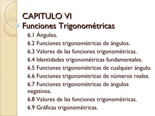 CAPITULO VI Funciones Trigonométricas  6.1 Ángulos. 6.2 Funciones trigonométricas de ángulos. 6.3 Valores de las funciones trigonométricas. 6.4 Identidades trigonométricas fundamentales. 6.5 Funciones trigonométricas de cualquier ángulo. 6.6 Funciones trigonométricas de números reales. 6.7 Funciones trigonométricas de ángulos negativos. 6.8 Valores de las funciones trigonométricas. 6.9 Gráficas trigonométricas. 