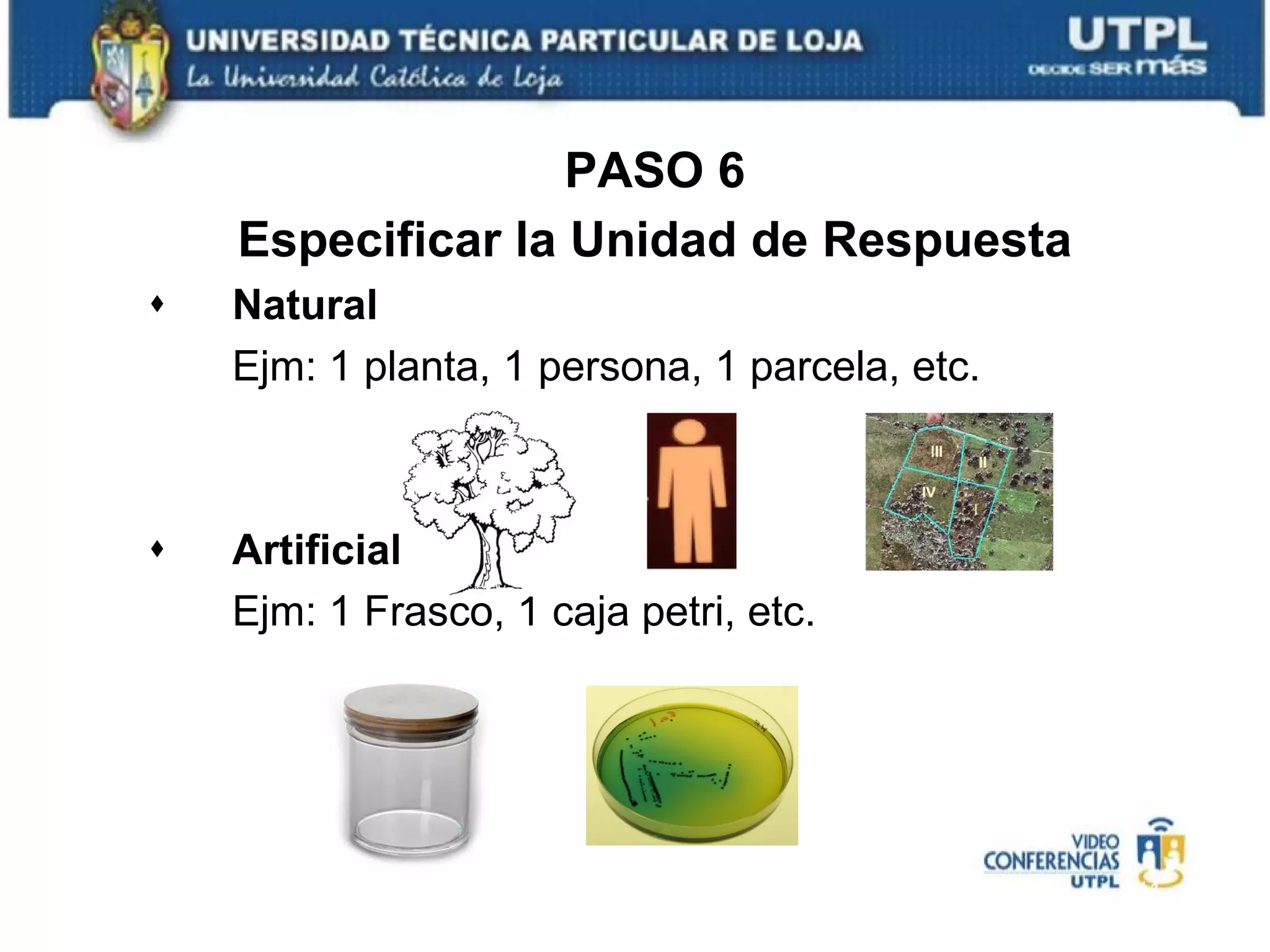 PASO 6 Especificar la Unidad de Respuesta Natural Ejm: 1 planta, 1 persona, 1 parcela, etc. Artificial Ejm: 1 Frasco, 1 caja petri, etc. 