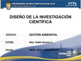 ESCUELA : TUTOR: DISEÑO DE LA INVESTIGACIÓN CIENTÍFICA FECHA : Mat. Pablo Ramón C. ABRIL 2011 – AGOSTO 2011 GESTIÓN AMBIENTAL 