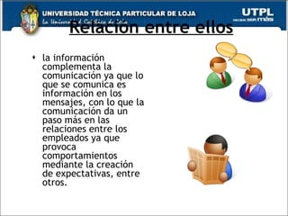 Relación entre ellos la información complementa la comunicación ya que lo que se comunica es información en los mensajes, con lo que la comunicación da un paso más en las relaciones entre los empleados ya que provoca comportamientos mediante la creación de expectativas, entre otros. 