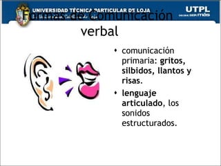 Formas de Comunicación  verbal comunicación primaria:  gritos,   silbidos, llantos y risas . lenguaje articulado , los sonidos estructurados. 