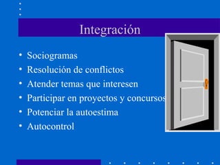 Integración
•
•
•
•
•
•

Sociogramas
Resolución de conflictos
Atender temas que interesen
Participar en proyectos y concursos
Potenciar la autoestima
Autocontrol

 
