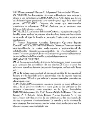 24.  Macro procesos Proceso Subproceso Actividades Tareas
25. PROCESO: Son los procesos clave que se Requieren para manejar o
dirigir a una organización SUBPROCESO: Son Actividades que tienen
una Relación lógica y coordinada que contribuyen al logro de la misión del
proceso ACTIVIDADES: Conjunto de tareas que concatenadas
constituyen un subproceso TAREAS: Acciones que se requieren para
lograr un determinado resultado
26. TALLER 2. Clasificación de Procesos Conformar equipos de trabajo. En
la tabla anexa analizar los procesos identificados y hacer una clasificación
de acuerdo al tipo de función y jerarquía. Cada equipo explica sus
conclusiones.
27. Proceso Subproceso Actividad Estratégico Operativo Soporte
ControlCLASIFICACIÓNNOMBREGestión ComercialDireccionamiento
estratégicoGestión de control dedocumentos y registrosControl de
calidadGestión financieraComprasAnálisis de MuestrasRegistro y
controlTesorería y carteraAdmisionesEvaluación y promociónElaboración
de rótulosGestión de MercadeoRecepción de faxes externos
28. MAPAS DE PROCESOS
29.  Es una representación gráfica, de la forma como opera la empresa
para satisfacer las necesidades de sus clientes. Como muestra las
relaciones entre los diferentes procesos de la empresa, también se le llama
red.
30.  Es la base para construir el sistema de gestión de la empresa.
Permite a todos los colaboradores comprender como la empresa funciona
integralmente. Facilita que todos en la empresa entiendan como afectan
el trabajo de otros.
31. INTERACCIONLos procesos raramente ocurren en forma aislada. La
salida de un procesonormalmente forma parte de las entradas de los
procesos subsecuentes, como semuestra en la figura. Actividades
ENTRADAS de proceso SALIDAS Recursos Salida del Proceso C Proceso
Proceso A B Entrada Salida Proceso Proceso Controles C D Las
interacciones entre los procesos de una organización, dan como resultado
una red de procesos interdependientes. La entrada y salida de estos de
estos procesos frecuentemente pueden estar relacionadas tanto con los
clientes externos como con los internos.
 