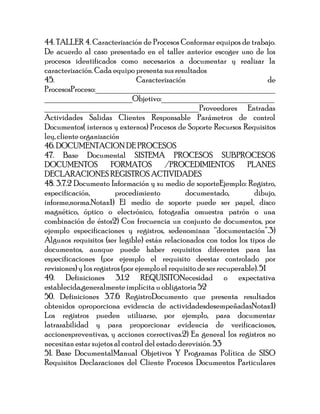 44. TALLER 4. Caracterización de Procesos Conformar equipos de trabajo.
De acuerdo al caso presentado en el taller anterior escoger uno de los
procesos identificados como necesarios a documentar y realizar la
caracterización. Cada equipo presenta sus resultados
45.                              Caracterización                              de
ProcesosProceso:___________________________________________
_____________________Objetivo:___________________________
_____________________________________Proveedores Entradas
Actividades Salidas Clientes Responsable Parámetros de control
Documentos( internos y externos) Procesos de Soporte Recursos Requisitos
ley, cliente organización
46. DOCUMENTACION DE PROCESOS
47. Base Documental SISTEMA PROCESOS SUBPROCESOS
DOCUMENTOS              FORMATOS          /PROCEDIMIENTOS             PLANES
DECLARACIONES REGISTROS ACTIVIDADES
48. 3.7.2 Documento Información y su medio de soporteEjemplo: Registro,
especificación,          procedimiento           documentado,           dibujo,
informe,norma.Notas:1) El medio de soporte puede ser papel, disco
magnético, óptico o electrónico, fotografía omuestra patrón o una
combinación de éstos2) Con frecuencia un conjunto de documentos, por
ejemplo especificaciones y registros, sedenominan “documentación”.3)
Algunos requisitos (ser legible) están relacionados con todos los tipos de
documentos, aunque puede haber requisitos diferentes para las
especificaciones (por ejemplo el requisito deestar controlado por
revisiones) y los registros (por ejemplo el requisito de ser recuperable). 51
49. Definiciones 3.1.2 REQUISITONecesidad o expectativa
establecida,generalmente implícita u obligatoria 52
50. Definiciones 3.7.6 RegistroDocumento que presenta resultados
obtenidos oproporciona evidencia de actividadesdesempeñadasNotas:1)
Los registros pueden utilizarse, por ejemplo, para documentar
latrazabilidad y para proporcionar evidencia de verificaciones,
accionespreventivas, y acciones correctivas.2) En general los registros no
necesitan estar sujetos al control del estado derevisión. 53
51. Base DocumentalManual Objetivos Y Programas Política de SISO
Requisitos Declaraciones del Cliente Procesos Documentos Particulares
 