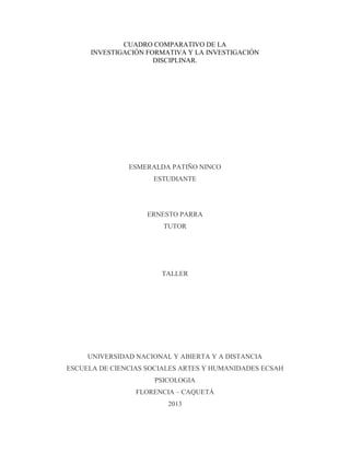 CUADRO COMPARATIVO DE LA
INVESTIGACIÓN FORMATIVA Y LA INVESTIGACIÓN
DISCIPLINAR.

ESMERALDA PATIÑO NINCO
ESTUDIANTE

ERNESTO PARRA
TUTOR

TALLER

UNIVERSIDAD NACIONAL Y ABIERTA Y A DISTANCIA
ESCUELA DE CIENCIAS SOCIALES ARTES Y HUMANIDADES ECSAH
PSICOLOGIA
FLORENCIA – CAQUETÁ
2013

 