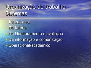 Organização do trabalho - Sistemas Instrucional De tutoria De Monitoramento e avaliação De informação e comunicação Operacional/acadêmico 