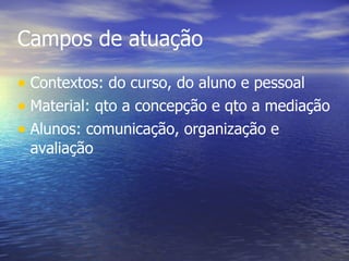 Campos de atuação Contextos: do curso, do aluno e pessoal Material: qto a concepção e qto a mediação Alunos: comunicação, organização e avaliação 