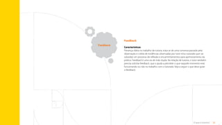 20
O que é tutoria?
Feedback
Características
Presença diária no trabalho de tutoria, trata-se de uma conversa pautada pela
observação e coleta de evidências observadas por tutor e/ou tutorado que vai
subsidiar um processo de reflexão e encaminhamentos para aprimoramento da
prática. Feedback é uma via de mão dupla. Na relação de tutoria, o tutor também
precisa solicitar feedback, que o ajuda a perceber o que naquele momento está
funcionando ou não no trabalho com o tutorado. Veja a seguir o que deve guiar
o feedback.
Feedback
Sumário
 