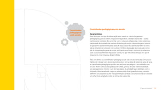 25
O que é tutoria?
Caminhadas pedagógicas pela escola
Características
Essa técnica é um tipo de observação mais usada na tutoria de gestores
pedagógicos, para se obter um panorama geral do cotidiano da escola – auxilia
na leitura do contexto. Ao caminhar com o tutorado pela escola, o tutor observa a
capacidade do tutorado de analisar dinâmicas de ensino e aprendizagem, mesmo
se passarem rapidamente pelas salas de aula. O tutor fica atento também a como
são as relações do tutorado com outros membros da equipe, alunos e pais; como
ele vê a organização geral da escola, a infraestrutura física e como ela se relaciona
com o uso dos diferentes espaços e rotinas; no que ele presta atenção, e o que é
importante, mas lhe passa despercebido.
Para um diretor ou coordenador pedagógico que não circula na escola, com pouco
hábito de interagir com alunos e professores, e sem prática de observar salas de aula,
as caminhadas pedagógicas podem ser um passo estratégico a ser realizado com
o tutor. Assim como outras práticas de tutoria, precisa ter uma intencionalidade,
um planejamento mínimo e um tempo depois da atividade para feedback com o
tutorado. Uma caminhada conjunta pela escola é eficaz quando tutor e tutorado
definem um propósito que é transparente para ambos. Esse processo dá ao tutorado
um olhar mais ampliado sobre as rotinas de sua escola.
Caminhadas
pedagógicas
pela escola
Sumário
 