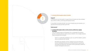 41
Rotinas do trabalho de Tutoria Pedagógica
1. Levante informações sobre a escola
O que é?
O levantamento de informações é a etapa de busca de dados que serão utilizados
para conhecer melhor a escola que participará da tutoria.
É uma análise inicial para entender como está a situação atual da instituição e um
panorama das pessoas que fazem parte dela.
Como ocorre?
1. 	
Levante informações sobre a escola, alunos, professores, equipe
de gestão.
Essas informações podem ser levantadas com o coordenador do programa,
que fez um estudo preliminar sobre a escola, e também com os órgãos regionais.
Alguns exemplos de informações:
•	
Quem é o coordenador pedagógico, qual o seu perfil de trabalho, quantos
alunos e professores tem a escola;
•	
Resultados das avaliações externas, avaliações da escola (verificando,
inclusive, distribuição de alunos por nível de proficiência, quando essa
informação está disponível), indicadores de fluxo (aprovação, repetência,
evasão) e de frequência dos alunos;
1
1
5
4
3
2
Sumário
 