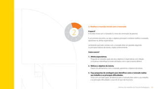 43
Rotinas do trabalho de Tutoria Pedagógica
2. Realize a reunião inicial com o tutorado
O que é?
A reunião inicial com o tutorado é o início da construção da parceria.
É um primeiro encontro, ou seja, o objetivo principal é conhecer melhor o tutorado,
apresentar-se, alinhar expectativas.
Lembrando que todo contato com o tutorado deve ser pautado seguindo
os princípios básicos da tutoria, citados anteriormente.
Como ocorre?
1.	 Alinhe expectativas.
Pergunte ao tutorado quais são seus objetivos e expectativas com relação
à iniciativa e identifique se estão alinhados com o que a tutoria oferece.
2.	 Reforce o objetivo da tutoria.
Depois do alinhamento com o tutorado, apresente o objetivo da tutoria.
3.	
Faça perguntas de sondagem para identificar como o tutorado realiza
seu trabalho e as principais dificuldades.
Inicie com um bate-papo, dê abertura para o tutorado falar sobre o seu trabalho
e as principais dificuldades, o que ele vê que não funciona.
2
1
5
4
3
2
Sumário
 