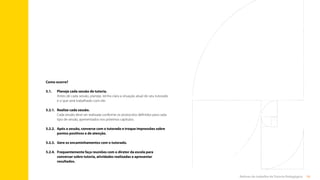 54
Rotinas do trabalho de Tutoria Pedagógica
Como ocorre?
5.1.	
Planeje cada sessão de tutoria.
Antes de cada sessão, planeje, tenha clara a situação atual do seu tutorado
e o que será trabalhado com ele.
5.2.1.	
Realize cada sessão.
Cada sessão deve ser realizada conforme os protocolos definidos para cada
tipo de sessão, apresentados nos próximos capítulos.
5.2.2.	
Após a sessão, converse com o tutorado e troque impressões sobre
pontos positivos e de atenção.
5.2.3. 	 Gere os encaminhamentos com o tutorado.
5.2.4. 	
Frequentemente faça reuniões com o diretor da escola para
conversar sobre tutoria, atividades realizadas e apresentar
resultados.
Sumário
 