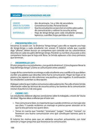 100
APRENDIENDO A RESOLVER CONFLICTOS EN LAS INSTITUCIONES EDUCATIVAS
		SESIÓN 		ESCUCHÁNDONOS MEJOR
	GRADO					 :		 6to. de primaria, 1ro. y 2do. de secundaria.
	 ÁREA DE TUTORÍA :	 Convivencia Escolar, Personal Social.
	 ¿QUÉ BUSCAMOS? :	 Quelosestudiantesseejercitenenestilosadecuados
de comunicación y valoren la escucha activa.
	 MATERIALES			 :		 Hoja de bingo-bingo para cada estudiante (anexo),
lapiceros, cuartillas (hojas partidas en dos).
	 PRESENTACIÓN (15’)
Iniciamos la sesión con la dinámica “bingo-bingo”, para ello se reparte una hoja
de bingo-bingo a cada estudiante (ver anexo). El tutor(a) señala que cuando
diga “¡Ahora!”, deben buscar un compañero que coincida con las características
descritas en cada recuadro del bingo-bingo. Pondrán su nombre y buscarán a otro
compañero hasta que la hoja esté llena. Se brinda aplausos a los cinco primeros
que terminan.
	 DESARROLLO (20’)
El tutor pregunta a sus estudiantes: ¿Les gustó la dinámica? ¿Cómo lograron llenar la
hoja del bingo-bingo? ¿Cómo se comunicaron entre ustedes?
Luego de los comentarios se entrega a cada estudiante una cuartilla en la que deben
escribir una palabra que describa cómo fue la comunicación. Pegan las hojas en la
pizarra y las separan en dos columnas: una positiva y otra negativa. A continuación
los estudiantes sustentan su descripción.
Dialogan sobre lo que implica comunicarse adecuadamente. Para ello el tutor brinda
información sobre las técnicas de escucha activa y las barreras de la comunicación
(revisar el punto 6.3.2 de esta guía).
	 CIERRE (10’)
Los estudiantes elaboran algunas conclusiones sobre lo trabajado, a través de“Lluvia
de ideas”. Algunas ideas a reforzar por el tutor son:
•	 Para comunicarse bien, es importante que cuando emitimos un mensaje este
sea claro. Y cuando recibimos un mensaje es preciso poner atención en lo
que la otra persona nos quiere decir.
•	 Tomar en cuenta que “mandar”, “amenazar”, “juzgar”, “insultar”, “ironizar”, no
favorecen una buena comunicación sino que constituyen barreras para la
misma.
El tutor(a) los motiva para que en adelante escuchen activamente, con total
atención y hagan preguntas que favorezcan la comunicación.
 