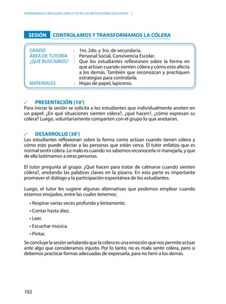 102
APRENDIENDO A RESOLVER CONFLICTOS EN LAS INSTITUCIONES EDUCATIVAS
		SESIÓN		 CONTROLAMOS Y TRANSFORMAMOS LA CÓLERA
	GRADO						: 	1ro. 2do. y 3ro. de secundaria.
	 ÁREA DE TUTORÍA		 : 	 Personal Social, Convivencia Escolar.
	 ¿QUÉ BUSCAMOS?	 : 	 Que los estudiantes reflexionen sobre la forma en
que actúan cuando sienten cólera y cómo esto afecta
a los demás. También que reconozcan y practiquen
estrategias para controlarla.
	MATERIALES				: 	 Hojas de papel, lapiceros.
	 PRESENTACIÓN (10’)
Para iniciar la sesión se solicita a los estudiantes que individualmente anoten en
un papel: ¿En qué situaciones sienten cólera?, ¿qué hacen?, ¿cómo expresan su
cólera? Luego, voluntariamente comparten con el grupo lo que anotaron.
	 DESARROLLO (30’)
Los estudiantes reflexionan sobre la forma como actúan cuando tienen cólera y
cómo esto puede afectar a las personas que están cerca. El tutor enfatiza que es
normal sentir cólera. Lo malo es cuando no sabemos reconocerla ni manejarla, y que
de ella lastimamos a otras personas.
El tutor pregunta al grupo: ¿Qué hacen para tratar de calmarse cuando sienten
cólera?, anotando las palabras claves en la pizarra. En esta parte es importante
promover el diálogo y la participación espontánea de los estudiantes.
Luego, el tutor les sugiere algunas alternativas que podemos emplear cuando
estamos enojados, entre las cuales tenemos:
• Respirar varias veces profunda y lentamente.
• Contar hasta diez.
• Leer.
• Escuchar música.
• Pintar.
Seconcluyelasesiónseñalandoquelacóleraesunaemociónquenospermiteactuar
ante algo que consideramos injusto. Por lo tanto, no es malo sentir cólera, pero si
debemos practicar formas adecuadas de expresarla, para no herir a los demás.
 
