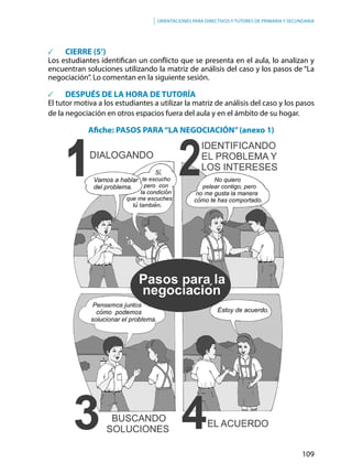 109
Orientaciones para directivos y tutores de primaria y secundaria
	 CIERRE (5’)
Los estudiantes identifican un conflicto que se presenta en el aula, lo analizan y
encuentran soluciones utilizando la matriz de análisis del caso y los pasos de “La
negociación”. Lo comentan en la siguiente sesión.
	 DESPUÉS DE LA HORA DE TUTORÍA
El tutor motiva a los estudiantes a utilizar la matriz de análisis del caso y los pasos
de la negociación en otros espacios fuera del aula y en el ámbito de su hogar.
Afiche: PASOS PARA“LA NEGOCIACIÓN”(anexo 1)
 
