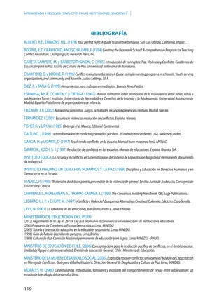 119
APRENDIENDO A RESOLVER CONFLICTOS EN LAS INSTITUCIONES EDUCATIVAS
BIBLIOGRAFÍA
ALBERTI, R.E., EMMONS, M.L. (1978)Your perfect right: A guide to assertive behavior. San Luis Obispo, California. Impact.
Bodine,R.,D Crawford,and Schrumpf,F.(1994)CreatingthePeaceableSchool:AcomprehensiveProgramforTeaching
Conflict Resolution. Champaign, IL; Research Press, Inc.
CARIETA SAMPERE, M. y BARBEITO THONON, C. (2005) Introducción de conceptos: Paz, Violencia y Conflicto. Cuadernos de
Educación para la Paz. Escola de Cultura de Pau. Universidad autónoma de Barcelona.
CRAWFORD,D.yBODINE,R.(1996)Conflictresolutioneducation:AGuidetoimplementingprogramsinschoools,Youth-serving
organizations, and community and Juvenile Justice Settings. USA.
DIEZ, F. yTAPIA G. (1999)Herramientas para trabajar en mediación. Buenos Aires, Paidos.
ESPINOSA, Mª A; OCHAITA, E y ORTEGA I (2003) Manual formativo sobre promoción de la no violencia entre niños, niñas y
adolescentes Tomo I. Instituto Universitario de Necesidades y Derechos de la Infancia y la Adolescencia. Universidad Autónoma de
Madrid. España. Plataforma de organizaciones de Infancia.
FELDMANJ.R.(2002)Autoestimaparaniños.Juegos,actividades,recursos,experienciascreativas.Madrid.Narcea.
FERNÁNDEZ, I (2001)Escuela sin violencia: resolución de conflictos. España. Narcea.
FISHER R. y URY,W. (1985) Obtenga el sí. México, Editorial Continental.
GALTUNG, J (1998)Latransformacióndeconflictospormediospacíficos.(Elmétodotrascendente).USA.NacionesUnidas.
GARCÍA, H. y UGARTE, D (1997)Resolviendo conflictos en la escuela. Manual para maestros. Perú. APENAC.
GIRARD K., KOCH, S. J. (1997) Resolución de conflictos en las escuelas. Manual de educadores. España. Granica S.A.
INSTITUTO EDUCA,Laescuelayelconflicto,enSistematizacióndelSistemadeCapacitaciónMagisterialPermanente,documento
de trabajo, s/f.
Instituto Peruano en Derechos Humanos y la Paz (1998) Disciplina y Educación en Derechos Humanos y en
Democracia en la Escuela.
JIMÉNEZ, P. (1999)“Materiales didácticos para la prevención de la violencia de género”. Sevilla: Junta de Andalucía, Consejería de
Educación y Ciencia.
LAWRENCE S., McKEARNAN, S.,THOMAS-LARMER, J. (1999) The Consensus building Handbook, CBI, Sage Publications.
LEDERACH, J. P. y CHUPP, M. (1997)¿ConflictoyViolencia?¡BusquemosAlternativasCreativas!Colombia.EdicionesClaraSemilla.
Levy, N. (2001) La sabiduría de las emociones, Barcelona, Plaza & Janes Editores.
MINISTERIO DE EDUCACIÓN DEL PERÚ
(2012) Reglamento de la Ley N° 29719, Ley que promueve la convivencia sin violencia en las instituciones educativas.
(2005)Propuesta de Convivencia Escolar Democrática. Lima, MINEDU
(2005) Tutoría y orientación educativa en la educación secundaria. Lima, MINEDU.
(1998) Guía de Tutoría-Bachillerato peruano, Lima, Bruño.
(1989) Cultura de Paz. Comisión Nacional permanente de educación para la paz. Lima, MINEDU – PNUD.
MINISTERIO DE EDUCACIÓN DE CHILE. (2006)Conceptos clave para la resolución pacífica de conflictos, en el ámbito escolar.
Unidad de Apoyo a la transversalidad. División de Educación General. Chile , Ministerio de Educación.
MINISTERIODELAMUJERYDESARROLLOSOCIAL(2006)¿Esposibleresolverconflictossinviolencia?MódulodeCapacitación
en Manejo de Conflictos. Guía para el/la facilitador/a. Dirección General de Desplazados y Cultura de Paz. Lima, MIMDES.
MORALES H. (2008) Determinantes individuales, familiares y escolares del comportamiento de riesgo entre adolescentes: un
estudio de la ecología del desarrollo, Lima.
 