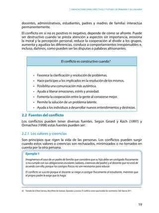 19
Orientaciones para directivos y tutores de primaria y secundaria
docentes, administrativos, estudiantes, padres y madres de familia) interactúa
permanentemente.
El conflicto en sí no es positivo ni negativo, depende de cómo se afronte. Puede
ser destructivo cuando se presta atención a aspectos sin importancia, erosiona
la moral y la percepción personal, reduce la cooperación al dividir a los grupos,
aumenta y agudiza las diferencias, conduce a comportamientos irresponsables e,
incluso, dañinos, como pueden ser las disputas o palabras altisonantes.
					El conflicto es constructivo cuando:4
	 	 •	 Favorece la clarificación y resolución de problemas.
	 	 •	 Hace partícipes a los implicados en la resolución de los mismos.
	 	 •	 Posibilita una comunicación más auténtica.
	 	 •	 Ayuda a liberar emociones, estrés y ansiedad.
	 	 •	 Fomenta la cooperación entre la gente al conocerse mejor.
	 	 •	 Permite la solución de un problema latente.
	 	 •	 Ayuda a los individuos a desarrollar nuevos entendimientos y destrezas.
2.2 Fuentes del conflicto
Los conflictos pueden tener diversas fuentes. Según Girard y Koch (1997) y
Ormachea (1998) estas fuentes pueden ser:
2.2.1 Los valores y creencias
Son principios que rigen la vida de las personas. Los conflictos pueden surgir
cuando estos valores o creencias son rechazados, minimizados o no tomados en
cuenta por la otra persona.
Ejemplo 1
Imaginemos el caso de un padre de familia que considera que su hijo debe ser castigado físicamente
si no cumple con sus obligaciones escolares (valores, creencias del padre) y el docente que no está de
acuerdo con ello, porque los castigos físicos no son necesarios para educar.
El conflicto se suscita porque el docente se niega a castigar físicamente al estudiante, mientras que
el propio padre le exige que lo haga.
(4)	 Tomado de G.Pérez Serrano, Ma.V.Pérez de Gúzman. Aprender a convivir. El conflicto como oportunidad de crecimiento. Edit. Narcea 2011.
 