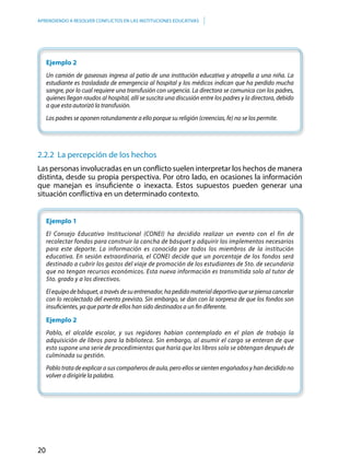 20
APRENDIENDO A RESOLVER CONFLICTOS EN LAS INSTITUCIONES EDUCATIVAS
Ejemplo 2
Un camión de gaseosas ingresa al patio de una institución educativa y atropella a una niña. La
estudiante es trasladada de emergencia al hospital y los médicos indican que ha perdido mucha
sangre, por lo cual requiere una transfusión con urgencia. La directora se comunica con los padres,
quienes llegan raudos al hospital, allí se suscita una discusión entre los padres y la directora, debido
a que esta autorizó la transfusión.
Los padres se oponen rotundamente a ello porque su religión (creencias, fe) no se los permite.
2.2.2 La percepción de los hechos
Las personas involucradas en un conflicto suelen interpretar los hechos de manera
distinta, desde su propia perspectiva. Por otro lado, en ocasiones la información
que manejan es insuficiente o inexacta. Estos supuestos pueden generar una
situación conflictiva en un determinado contexto.
Ejemplo 1
El Consejo Educativo Institucional (CONEI) ha decidido realizar un evento con el fin de
recolectar fondos para construir la cancha de básquet y adquirir los implementos necesarios
para este deporte. La información es conocida por todos los miembros de la institución
educativa. En sesión extraordinaria, el CONEI decide que un porcentaje de los fondos será
destinado a cubrir los gastos del viaje de promoción de los estudiantes de 5to. de secundaria
que no tengan recursos económicos. Esta nueva información es transmitida solo al tutor de
5to. grado y a los directivos.
Elequipodebásquet,atravésdesuentrenador,hapedidomaterialdeportivoquesepiensacancelar
con lo recolectado del evento previsto. Sin embargo, se dan con la sorpresa de que los fondos son
insuficientes, ya que parte de ellos han sido destinados a un fin diferente.
Ejemplo 2
Pablo, el alcalde escolar, y sus regidores habían contemplado en el plan de trabajo la
adquisición de libros para la biblioteca. Sin embargo, al asumir el cargo se enteran de que
esto supone una serie de procedimientos que haría que los libros solo se obtengan después de
culminada su gestión.
Pablo trata de explicar a sus compañeros de aula, pero ellos se sienten engañados y han decidido no
volver a dirigirle la palabra.
 