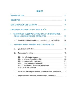 ÍNDICE
PRESENTACIÓN		7
OBJETIVOS				 8
ORGANIZACIÓN DEL MATERIAL		 9
ORIENTACIONES PARA USO Y APLICACIÓN	 10
		
I.	 PARTIMOS DE NUESTRAS EXPERIENCIAS Y CONOCIMIENTOS
SOBRE LA RESOLUCIÓN DE CONFLICTOS			 11
1.1	 Nuestras experiencias y conocimientos sobre los conflictos		 12
	
II.	 COMPRENDEMOS LA DINÁMICA DE LOS CONFLICTOS	 17
	
2.1	¿Qué es un conflicto?									18
2.2	Fuentes del conflicto 									19
2.2.1	Los valores y creencias							 19
2.2.2	La percepción de los hechos						 20
2.2.3	Las necesidades e intereses						 21
2.2.4	Las relaciones interpersonales						 21
2.2.5	La estructura y sistema organizacional				 22
2.2.6	Los recursos escasos								 22
2.3 	 Los estilos de comportamiento ante situaciones conflictivas	 23
						
2.4	 Importancia de la actitud solidaria frente al conflicto			 27
 