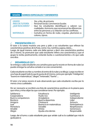 98
APRENDIENDO A RESOLVER CONFLICTOS EN LAS INSTITUCIONES EDUCATIVAS
	SESIÓN	SOMOS ESPECIALES Y DIFERENTES
	GRADO						: 	 5to. y 6to. de primaria.
	ÁREA DE TUTORÍA		: 	 Personal Social, Convivencia Escolar.
	 ¿QUÉ BUSCAMOS?	 : 	 Que los estudiantes identifiquen y valoren sus
cualidades. Asimismo, que reconozcan las diferencias
entre las personas y su relación con los conflictos.
	MATERIALES				: 	Cartulina en forma de nube, crayolas, plumones o
colores, tijeras.
	 PRESENTACIÓN (5’)
El tutor o la tutora muestra una pera y pide a sus estudiantes que refieran las
características positivas de la fruta, como: rica, nutritiva, jugosa, dulce...
Luego, de igual manera, cada uno debe pensar y decir una característica positiva
de sí mismo. Se promueve que cada estudiante refiera una característica y que el
grupo la reciba positivamente, evitando burlas o cuestionamientos a lo que cada
uno dice.
	 DESARROLLO (35’)
Se entrega a cada estudiante una cartulina para que la recorte en forma de nube (se
puede entregar la cartulina cortada si se cree conveniente).
Cada estudiante escribe su nombre al centro de la nube y se dibuja. Luego escribe en
una hoja de papel todo lo que le gusta de él mismo, como por ejemplo:“inteligente”,
“bueno en matemáticas”,“alegre”,“entonado”,“fuerte”…
El tutor o la tutora recorre el aula observando que cada estudiante escriba por lo
menos cinco cualidades.
De ser necesario se escribirá una lista de características positivas en la pizarra para
que niños y niñas elijan las que consideran tener. Por ejemplo:
Luego, dar el turno a cada estudiante para que señale cuál es la cualidad que más le
gusta para sí.
Inteligente
Cariñoso/a
Independiente
Líder
Activo/a
Participativo/a
Respetuoso/a
Generoso/a
Responsable
Solidario/a
Cooperador/a
Buen/a compañero/a
Bonito/a
Amigo/a
Leal
Honesto/a
Amable
Alegre
Estudioso/a
Huelo rico
Arreglado/a
Buen/a deportista
Chistoso/a
Bueno/a en matemáticas
Sociable
Artista
Ayuda a los demás
 