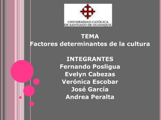 TEMA
Factores determinantes de la cultura
INTEGRANTES
Fernando Posligua
Evelyn Cabezas
Verónica Escobar
José García
Andrea Peralta
 