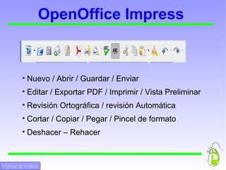 OpenOffice Impress Nuevo / Abrir / Guardar / Enviar Editar / Exportar PDF / Imprimir / Vista Preliminar Revisión Ortográfica / revisión Automática Cortar / Copiar / Pegar / Pincel de formato Deshacer – Rehacer Volver al Indice 