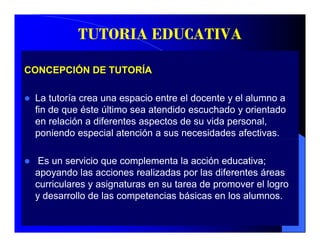 TUTORIA EDUCATIVA

CONCEPCIÓN DE TUTORÍA

 La tutoría crea una espacio entre el docente y el alumno a
 fin de que éste último sea atendido escuchado y orientado
 en relación a diferentes aspectos de su vida personal,
 poniendo especial atención a sus necesidades afectivas.

  Es un servicio que complementa la acción educativa;
 apoyando l acciones realizadas por l dif
         d las      i       li d        las diferentes á
                                                   t áreas
 curriculares y asignaturas en su tarea de promover el logro
 y desarrollo de las competencias básicas en los alumnos.
 