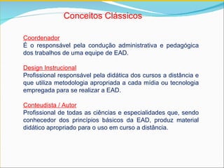 Coordenador   É o responsável pela condução administrativa e pedagógica dos trabalhos de uma equipe de EAD. Design Instrucional   Profissional responsável pela didática dos cursos a distância e que utiliza metodologia apropriada a cada mídia ou tecnologia empregada para se realizar a EAD.  Conteudista / Autor Profissional de todas as ciências e especialidades que, sendo conhecedor dos princípios básicos da EAD, produz material didático apropriado para o uso em curso a distância.  Conceitos Clássicos   