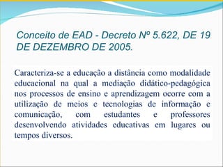 Caracteriza-se a educação a distância como modalidade educacional na qual a mediação didático-pedagógica nos processos de ensino e aprendizagem ocorre com a utilização de meios e tecnologias de informação e comunicação, com estudantes e professores desenvolvendo atividades educativas em lugares ou tempos diversos. Conceito de EAD - Decreto Nº 5.622, DE 19 DE DEZEMBRO DE 2005. 