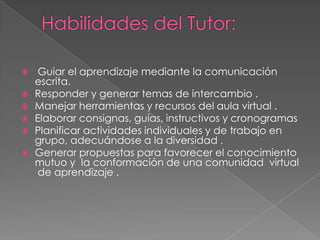 







Guiar el aprendizaje mediante la comunicación
escrita.
Responder y generar temas de intercambio .
Manejar herramientas y recursos del aula virtual .
Elaborar consignas, guías, instructivos y cronogramas
Planificar actividades individuales y de trabajo en
grupo, adecuándose a la diversidad .
Generar propuestas para favorecer el conocimiento
mutuo y la conformación de una comunidad virtual
de aprendizaje .

 