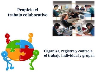 Propicia el
trabajo colaborativo.
Organiza, registra y controla
el trabajo individual y grupal.
 