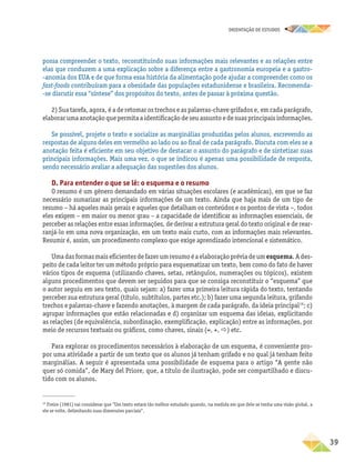 oRIENTAÇÃO DE ESTUDOS
	39
possa compreender o texto, reconstituindo suas informações mais relevantes e as relações entre
elas que conduzem a uma explicação sobre a diferença entre a gastronomia europeia e a gastro-
-anomia dos EUA e de que forma essa história da alimentação pode ajudar a compreender como os
fast-foods contribuíram para a obesidade das populações estadunidense e brasileira. Recomenda-
-se discutir essa “síntese” dos propósitos do texto, antes de passar à próxima questão.
2) Sua tarefa, agora, é a de retomar os trechos e as palavras-chave grifados e, em cada parágrafo,
elaborar uma anotação que permita a identificação de seu assunto e de suas principais informações.
Se possível, projete o texto e socialize as marginálias produzidas pelos alunos, escrevendo as
respostas de alguns deles em vermelho ao lado ou ao final de cada parágrafo. Discuta com eles se a
anotação feita é eficiente em seu objetivo de destacar o assunto do parágrafo e de sintetizar suas
principais informações. Mais uma vez, o que se indicou é apenas uma possibilidade de resposta,
sendo necessário avaliar a adequação das sugestões dos alunos.
D. Para entender o que se lê: o esquema e o resumo
O resumo é um gênero demandado em várias situações escolares (e acadêmicas), em que se faz
necessário sumarizar as principais informações de um texto. Ainda que haja mais de um tipo de
resumo – há aqueles mais gerais e aqueles que detalham os conteúdos e os pontos de vista –, todos
eles exigem – em maior ou menor grau – a capacidade de identificar as informações essenciais, de
perceber as relações entre essas informações, de derivar a estrutura geral do texto original e de rear-
ranjá-lo em uma nova organização, em um texto mais curto, com as informações mais relevantes.
Resumir é, assim, um procedimento complexo que exige aprendizado intencional e sistemático.
Umadasformasmaiseficientesdefazerumresumoéaelaboraçãopréviadeumesquema.Ades-
peito de cada leitor ter um método próprio para esquematizar um texto, bem como do fato de haver
vários tipos de esquema (utilizando chaves, setas, retângulos, numerações ou tópicos), existem
alguns procedimentos que devem ser seguidos para que se consiga reconstituir o “esquema” que
o autor seguiu em seu texto, quais sejam: a) fazer uma primeira leitura rápida do texto, tentando
perceber sua estrutura geral (título, subtítulos, partes etc.); b) fazer uma segunda leitura, grifando
trechos e palavras-chave e fazendo anotações, à margem de cada parágrafo, da ideia principal19
; c)
agrupar informações que estão relacionadas e d) organizar um esquema das ideias, explicitando
as relações (de equivalência, subordinação, exemplificação, explicação) entre as informações, por
meio de recursos textuais ou gráficos, como chaves, sinais (=, +, ð) etc.
Para explorar os procedimentos necessários à elaboração de um esquema, é conveniente pro-
por uma atividade a partir de um texto que os alunos já tenham grifado e no qual já tenham feito
marginálias. A seguir é apresentada uma possibilidade de esquema para o artigo “A gente não
quer só comida”, de Mary del Priore, que, a título de ilustração, pode ser compartilhado e discu-
tido com os alunos.
19
Freire (1981) vai considerar que “Um texto estará tão melhor estudado quando, na medida em que dele se tenha uma visão global, a
ele se volte, delimitando suas dimensões parciais”.
 
