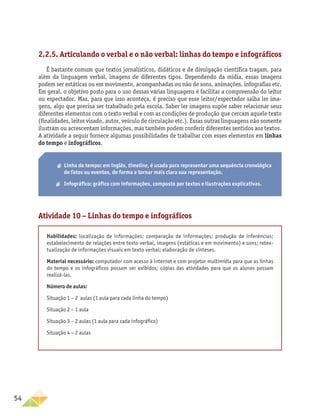 54
2.2.5. Articulando o verbal e o não verbal: linhas do tempo e infográficos
É bastante comum que textos jornalísticos, didáticos e de divulgação científica tragam, para
além da linguagem verbal, imagens de diferentes tipos. Dependendo da mídia, essas imagens
podem ser estáticas ou em movimento, acompanhadas ou não de sons, animações, infografias etc.
Em geral, o objetivo posto para o uso dessas várias linguagens é facilitar a compreensão do leitor
ou espectador. Mas, para que isso aconteça, é preciso que esse leitor/espectador saiba ler ima-
gens, algo que precisa ser trabalhado pela escola. Saber ler imagens supõe saber relacionar seus
diferentes elementos com o texto verbal e com as condições de produção que cercam aquele texto
(finalidades, leitor visado, autor, veículo de circulação etc.). Essas outras linguagens não somente
ilustram ou acrescentam informações, mas também podem conferir diferentes sentidos aos textos.
A atividade a seguir fornece algumas possibilidades de trabalhar com esses elementos em linhas
do tempo e infográficos.
aa Linha do tempo: em inglês, timeline, é usada para representar uma sequência cronológica
de fatos ou eventos, de forma a tornar mais clara sua representação.
aa Infográfico: gráfico com informações, composto por textos e ilustrações explicativas.
Atividade 10 – Linhas do tempo e infográficos
Habilidades: localização de informações; comparação de informações; produção de inferências;
estabelecimento de relações entre texto verbal, imagens (estáticas e em movimento) e sons; retex-
tualização de informações visuais em texto verbal; elaboração de sínteses.
Material necessário: computador com acesso à internet e com projetor multimídia para que as linhas
do tempo e os infográficos possam ser exibidos; cópias das atividades para que os alunos possam
realizá-las.
Número de aulas:
Situação 1 – 2 aulas (1 aula para cada linha do tempo)
Situação 2 – 1 aula
Situação 3 – 2 aulas (1 aula para cada infográfico)
Situação 4 – 2 aulas
 