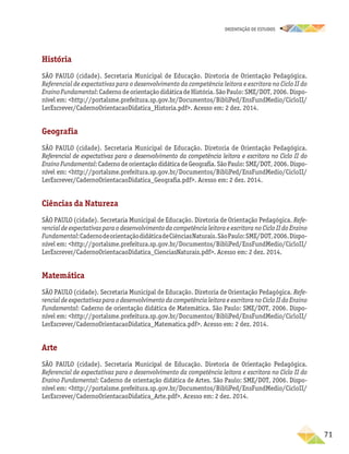 oRIENTAÇÃO DE ESTUDOS
	71
História
SÃO PAULO (cidade). Secretaria Municipal de Educação. Diretoria de Orientação Pedagógica.
Referencial de expectativas para o desenvolvimento da competência leitora e escritora no Ciclo II do
EnsinoFundamental:CadernodeorientaçãodidáticadeHistória.SãoPaulo:SME/DOT,2006.Dispo-
nível em: http://portalsme.prefeitura.sp.gov.br/Documentos/BibliPed/EnsFundMedio/CicloII/
LerEscrever/CadernoOrientacaoDidatica_Historia.pdf. Acesso em: 2 dez. 2014.
Geografia
SÃO PAULO (cidade). Secretaria Municipal de Educação. Diretoria de Orientação Pedagógica.
Referencial de expectativas para o desenvolvimento da competência leitora e escritora no Ciclo II do
Ensino Fundamental: Caderno de orientação didática de Geografia. São Paulo: SME/DOT, 2006. Dispo-
nível em: http://portalsme.prefeitura.sp.gov.br/Documentos/BibliPed/EnsFundMedio/CicloII/
LerEscrever/CadernoOrientacaoDidatica_Geografia.pdf. Acesso em: 2 dez. 2014.
Ciências da Natureza
SÃO PAULO (cidade). Secretaria Municipal de Educação. Diretoria de Orientação Pedagógica. Refe-
rencial de expectativas para o desenvolvimento da competência leitora e escritora no Ciclo II do Ensino
Fundamental:CadernodeorientaçãodidáticadeCiênciasNaturais.SãoPaulo:SME/DOT,2006.Dispo-
nível em: http://portalsme.prefeitura.sp.gov.br/Documentos/BibliPed/EnsFundMedio/CicloII/
LerEscrever/CadernoOrientacaoDidatica_CienciasNaturais.pdf. Acesso em: 2 dez. 2014.
Matemática
SÃO PAULO (cidade). Secretaria Municipal de Educação. Diretoria de Orientação Pedagógica. Refe-
rencial de expectativas para o desenvolvimento da competência leitora e escritora no Ciclo II do Ensino
Fundamental: Caderno de orientação didática de Matemática. São Paulo: SME/DOT, 2006. Dispo-
nível em: http://portalsme.prefeitura.sp.gov.br/Documentos/BibliPed/EnsFundMedio/CicloII/
LerEscrever/CadernoOrientacaoDidatica_Matematica.pdf. Acesso em: 2 dez. 2014.
Arte
SÃO PAULO (cidade). Secretaria Municipal de Educação. Diretoria de Orientação Pedagógica.
Referencial de expectativas para o desenvolvimento da competência leitora e escritora no Ciclo II do
Ensino Fundamental: Caderno de orientação didática de Artes. São Paulo: SME/DOT, 2006. Dispo-
nível em: http://portalsme.prefeitura.sp.gov.br/Documentos/BibliPed/EnsFundMedio/CicloII/
LerEscrever/CadernoOrientacaoDidatica_Arte.pdf. Acesso em: 2 dez. 2014.
 