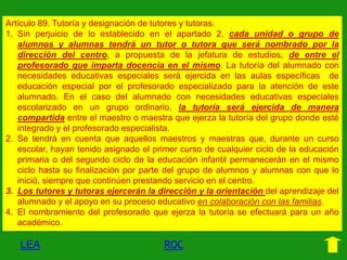 Artículo 89. Tutoría y designación de tutores y tutoras.
1. Sin perjuicio de lo establecido en el apartado 2, cada unidad o grupo de
alumnos y alumnas tendrá un tutor o tutora que será nombrado por la
dirección del centro, a propuesta de la jefatura de estudios, de entre el
profesorado que imparta docencia en el mismo. La tutoría del alumnado con
necesidades educativas especiales será ejercida en las aulas específicas de
educación especial por el profesorado especializado para la atención de este
alumnado. En el caso del alumnado con necesidades educativas especiales
escolarizado en un grupo ordinario, la tutoría será ejercida de manera
compartida entre el maestro o maestra que ejerza la tutoría del grupo donde esté
integrado y el profesorado especialista.
2. Se tendrá en cuenta que aquellos maestros y maestras que, durante un curso
escolar, hayan tenido asignado el primer curso de cualquier ciclo de la educación
primaria o del segundo ciclo de la educación infantil permanecerán en el mismo
ciclo hasta su finalización por parte del grupo de alumnos y alumnas con que lo
inició, siempre que continúen prestando servicio en el centro.
3. Los tutores y tutoras ejercerán la dirección y la orientación del aprendizaje del
alumnado y el apoyo en su proceso educativo en colaboración con las familias.
4. El nombramiento del profesorado que ejerza la tutoría se efectuará para un año
académico.

LEA

ROC

 