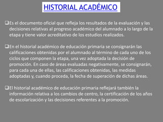 HISTORIAL ACADÉMICO
Es el documento oficial que refleja los resultados de la evaluación y las
decisiones relativas al progreso académico del alumnado a lo largo de la
etapa y tiene valor acreditativo de los estudios realizados.
En el historial académico de educación primaria se consignarán las
calificaciones obtenidas por el alumnado al término de cada uno de los
ciclos que componen la etapa, una vez adoptada la decisión de
promoción. En caso de áreas evaluadas negativamente, se consignarán,
para cada una de ellas, las calificaciones obtenidas, las medidas
adoptadas y, cuando proceda, la fecha de superación de dichas áreas.

El historial académico de educación primaria reflejará también la
información relativa a los cambios de centro, la certificación de los años
de escolarización y las decisiones referentes a la promoción.

 