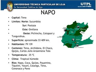 NAPO
   Capital: Tena
   Límites: Norte: Sucumbíos
            Sur: Pastaza
            Este: Orellana
            Oeste: Pichincha, Cotopaxi y
    Tungurahua.
   Superficie: aproximada 33 409 km.
   Habitantes: 79 139
   Cantones: Tena, Archidona, El Chaco,
    Quijos, Carlos Julio Arosemena Tola
   Temperatura: 25 ºC
   Clima: Tropical húmedo
   Ríos: Napo, Coca, Quijos, Payamino,
    Tiputini, Yasuní, Cosanga, Tena,
                                            32
    Cononaco y Pano
 