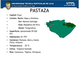PASTAZA
   Capital: Puyo
   Límites: Norte: Napo y Orellana
            Sur: Morona Santiago
            Este: República de Perú
            Oeste: Tungurahua.
   Superficie: aproximada 29 520
    km.
   Habitantes: 61 779
   Cantones: Pastaza, Mera y Santa
    Clara, Arajuno
   Temperatura:    25 ºC
   Clima: Tropical húmedo
   Ríos: Cononaco, Tigüino, Shiripuno
                                         35
 