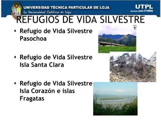 REFUGIOS DE VIDA SILVESTRE
 Refugio de Vida Silvestre
  Pasochoa

 Refugio de Vida Silvestre
  Isla Santa Clara

 Refugio de Vida Silvestre
  Isla Corazón e islas
  Fragatas

                              57
 