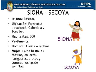 SIONA - SECOYA
 Idioma: Paicoca
 Ubicación: Presencia
  binacional, Colombia y
  Ecuador.
 Habitantes: 700
 Vestimenta
 Hombre: Túnica o cushma
 Mujer: Falda hasta las
  rodillas, collares,
  narigueras, aretes y
  coronas hechas de
  semillas.                  74
 