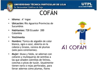 COFÁN
   Idioma: A’ ingae
   Ubicación: Río Aguarico Provincias de
    Sucumbios
   Habitantes: 728 Ecuador 200
    Colombia
   Vestimenta
   Hombre: Túnica de algodón de color
    blanco, ogro o azul, abierta en la
    cabeza y brazos, corona de plumas
    (solo para ceremonias).
   Mujer: blusa y falda, se adornan con
    collares y muñequeras de semillas a
    las que añaden colmillos de felinos,
    conchas o picos de tucán. Usualmente
    tienen nariz o rejas perforadas, para
    llevar adornos como plumas, flores      75
 