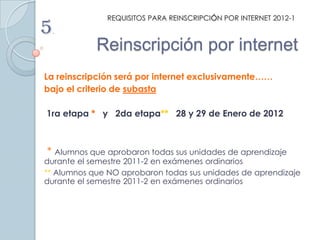 REQUISITOS PARA REINSCRIPCIÓN POR INTERNET 2012-1
5.
            Reinscripción por internet
La reinscripción será por internet exclusivamente……
bajo el criterio de subasta

1ra etapa * y 2da etapa** 28 y 29 de Enero de 2012



* Alumnos que aprobaron todas sus unidades de aprendizaje
durante el semestre 2011-2 en exámenes ordinarios
** Alumnos que NO aprobaron todas sus unidades de aprendizaje
durante el semestre 2011-2 en exámenes ordinarios
 
