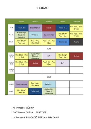 HORARI



               Dilluns         Dimarts          Dimecres         Dijous         Divendres


                                                                             Flex 4 Cat Flex
 8a9         Taller /lab     Experimentals       Socials       Tecno 3r A
                                                                                  3 Cast

             Música/Vip/
                                                               Flex 3 Mat/   Flex 3 Cat Flex
9 a 10         Educació       Optativa        Experimentals
                                                                Flex 4 Ang        4 Cast
              ciutadania

             Flex 3 Mat/      Flex 3 Ang/    Flex 4 Cat Flex
10 a 11                                                        Religió/Alt       Tutoria
              Flex 4 Ang       Flex 4 Mat         3 Cast


                                                  PATI


                             Música/Vip/
11:30 a    Flex 3 Cat Flex                                     Flex 3 Ang/
 12:30
                               Educació           E.F.                           Socials
                4 Cast                                          Flex 4 Mat
                              ciutadania

12:30 a    Flex 4 Cat Flex                   Flex 3 Cat Flex
 13:30
                                Socials                           E.F.
                3 Cast                            4 Cast


13:30 a
 14:30



                                                 DINAR


                              Flex 3 Mat/
15 a 16     Experimentals                      Optativa
                               Flex 4 Ang

                                               Música/Vip/
             Flex 3 Ang/
16 a 17                       Taller /lab        Educació
              Flex 4 Mat
                                                ciutadania




       1r Trimestre: MÚSICA

         2n Trimestre: VISUAL I PLÀSTICA

         3r Trimestre: EDUCACIÓ PER LA CIUTADANIA
 