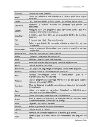 INTRODUÇÃO A INFORMÁTICA 37
Julimar Ribeiro
Intersvr Inicia o servidor Interink.
Keyb
Inicia um programa que configura o teclado para uma língua
específica.
Label Cria, altera ou exclui o título (nome) do volume de um disco.
Lastdrive
Específica o número máximo de unidades que podem ser
acessados.
Loadfix
Assegura que um programa seja carregado acima dos 64k
iniciais de memória convencional.
Loadhigh
O mesmo que “Lh”, carrega um programa dentro da memória
superior.
Md O mesmo que Mkdir. Cria um diretório.
Mem
Exibe a quantidade de memória utilizada e disponível de seu
computador.
Memmaker
Inicia o programa Memmaker, que otimiza a memória do seu
computador.
Menudefault Específica um item no menu padrão.
Mode Configura uma placa de impressão.
More Exibe de uma vez uma tela de saída.
Move Move um ou mais arquivos para um local especificado.
Msav Inicia o Microsft Anti-Vírus.
Msbackup Cria cópias de segurança ou recupera um ou mais arquivos.
Mscdex Fornece acesso a controladores de CD-ROM.
Msd
Fornece informações sobre o computador, qual é o
microprocessador, monitor etc.
Nisfunc
Inicia o programa que carrega informações do pais para suporte
nacional a linguagem (NLS).
Numlock
Ativa ou desativa o teclado numérico para quando o computador
é inicializado.
Path
Indica em quais os caminhos (direções) o MS-DOS deve
pesquisar arquivos executáveis.
Pause Interrompe o processamento de um programa.
Power
Ativa e desativa o consumo de energia elétrica, também exibe
um relatório sobre o consumo de energia.
Print Imprime um arquivo de texto.
Prompt Altera a aparência do aviso de comando.
Qbasic Inicia o MS-DOS Qbasic
Rd Remove um diretório especifico, o mesmo que Rmdir.
Rem
Permita que se escreva linhas de comentários em arquivos de
lote.
 
