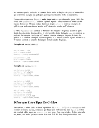 No começo, quando ainda não se conhece direito todas as funções do par() é aconselhável
que se imprima a página de ajuda para que se possa visualizar todas os argumentos.
Existem dois argumentos do par() muito importantes e que são usadas quase 100% das
vezes. Um, par(mfrow=c()) controla “quantas figuras” serão desenhadas dentro de um
mesmo dispositivo. O vetor contido dentro da função mfrow=() controla o numero de
gráficos que serão desenhados no eixo x (1° número) e no eixo y (2° número).
O outro, o par(mar=c()) controla o “tamanho das margens” do gráfico e como a figura
ficará disposta dentro do dispositivo. O vetor contido dentro da função mar=(), controla as
posições das margens, sendo que o 1° numero controla a margem da parte de baixo do
gráfico, o 2° controla a margem do lado esquerdo, o 3° numero controla a parte de cima e o
4° numero controla o tamanho da margem do lado direito do gráfico.
Exemplos de par(mfrow=c())
par(mfrow=c(2,1))
plot(riqueza~area)
boxplot(riqueza~area.cate)
par(mfrow=c(1,2))
plot(riqueza~area)
boxplot(riqueza~area.cate)
Exemplos de par(mar=c())
par(mfrow=c(2,1))
par(mar=c(4,14,2,6))
plot(riqueza~area)
boxplot(riqueza~area.cate)
par(mfrow=c(1,2))
par(mar=c(14,4,8,2))
plot(riqueza~area)
boxplot(riqueza~area.cate)
par(mfrow=c(1,2))
par(mar=c(8,4,8,1))
plot(riqueza~area)
par(mar=c(14,2,4,0.5))
boxplot(riqueza~area.cate)
Diferenças Entre Tipos De Gráfico
Infelizmente, a forma como se muda argumentos do plot(), boxplot() e barplot() não
é sempre a mesma, ou seja, comandos que funcionam perfeitamente para o plot() podem
não produzir efeito algum no boxplot(), e vice-versa. Esta característica, de fato, atrapalha
um pouco, mas assim que se acostuma fica mais fácil. Há duas dicas para resolver este
 