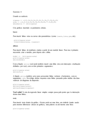 Exercício 4
Usando as variáveis:
riqueza <- c(15,18,22,24,25,30,31,34,37,39,41,45)
area <- c(2,4.5,6,10,30,34,50,56,60,77.5,80,85)
abundancia <- rev(riqueza)
Crie gráficos inserindo os parâmetros abaixo.
lines()
Para inserir linhas retas ou curvas não-paramétricas (como lowess, loess, gam, etc).
plot(riqueza~area)
lines(lowess(area, riqueza))
abline()
Para inserir linhas de tendência criadas a partir de um modelo linear. Para isso é primeiro
necessário criar o modelo, para depois criar a linha.
model <- lm(riqueza~area)
plot(riqueza~area)
abline(model)
Com a função abline você pode também inserir uma linha reta com intercepto e inclinação
definidos por você, com os dois primeiros argumentos:
plot(riqueza~area)
abline(0,1)
A função abline também serve para acrescentar linhas verticais e horizontais, com os
argumentos v e h. No código abaixo traçamos estas linhas passando pelas médias das duas
variáveis do diagrama de dispersão:
plot(riqueza~area)
abline(v=mean(area))
abline(h=mean(riqueza))
Você sabia? A reta da regressão linear simples sempre passa pelo ponto que é a interseção
destas duas linhas.
text()
Para inserir texto dentro do gráfico. O texto pode ser uma letra, um símbolo (muito usado
para mostrar diferenciar classes no gráfico), uma palavra ou até mesmo uma frase.
plot(riqueza~area)
 
