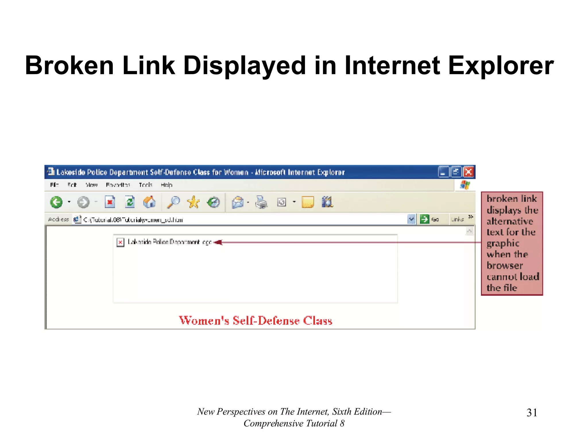 Broken Link Displayed in Internet Explorer New Perspectives on The Internet, Sixth Edition—Comprehensive Tutorial 8 