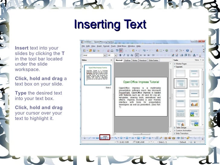 how to insert text into openoffice draw